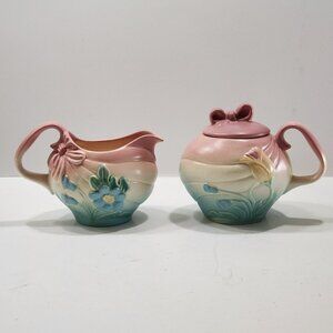 Rare Vintage 1940s Hull Art Pottery "Bowknot" Sugar/Creamer Set Pink/Blue